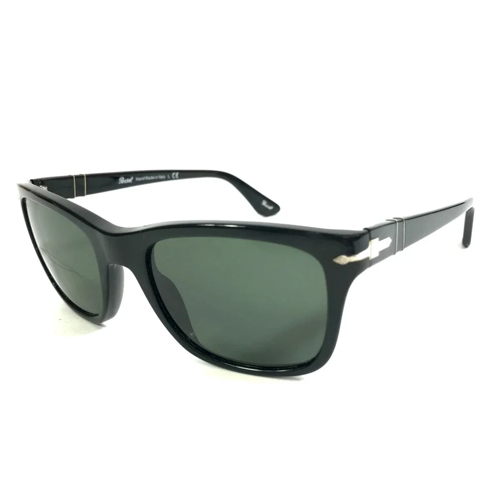 Persol Sunglasses 3135-S 95/31 Shiny Black Silver Square Frames w/ Green Lenses